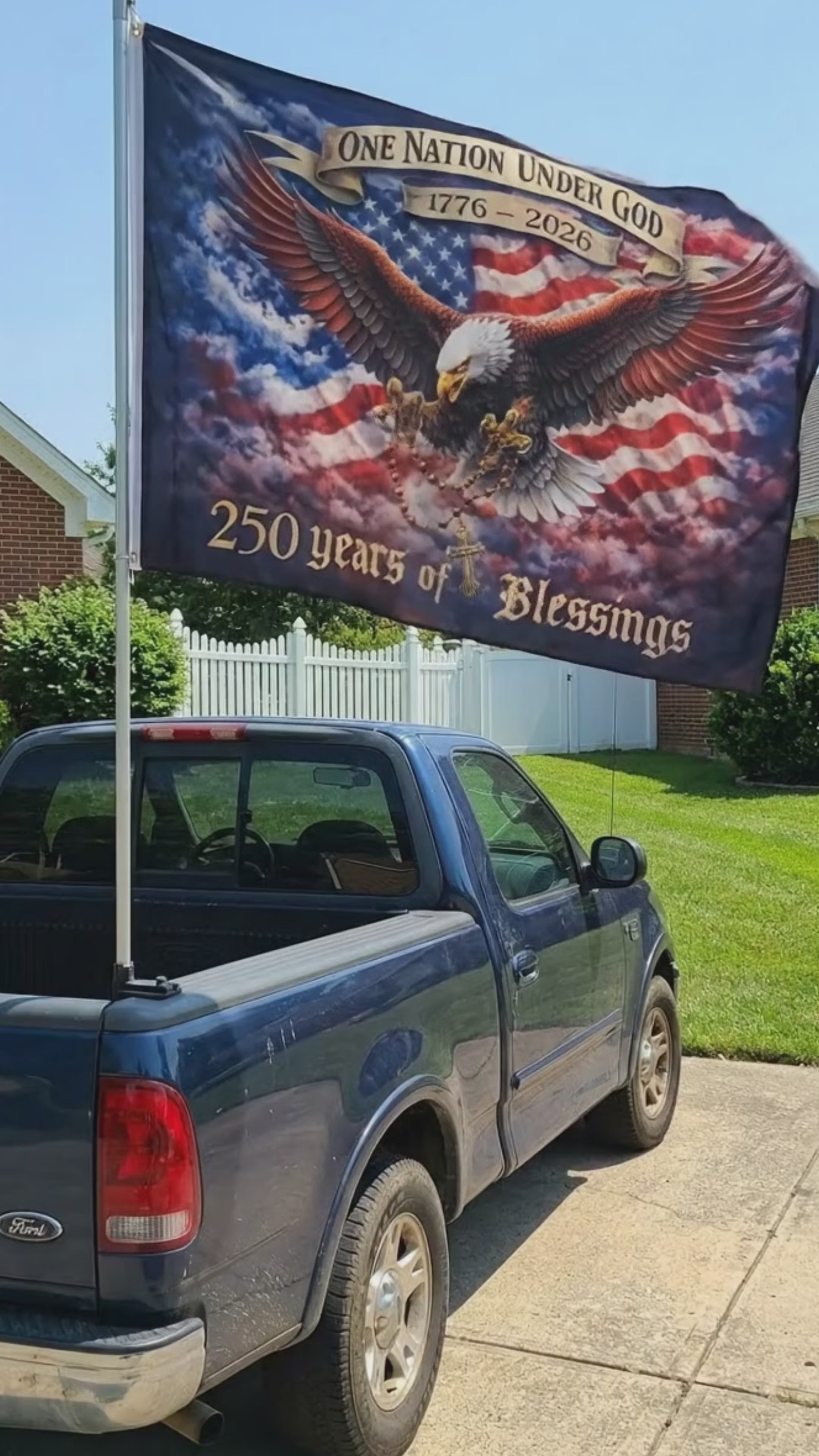 Load video: USA 250th Anniversary 1776-2026 Double Sided Flag – Flying Eagle 250 Years of Blessings One Nation Under God Decor