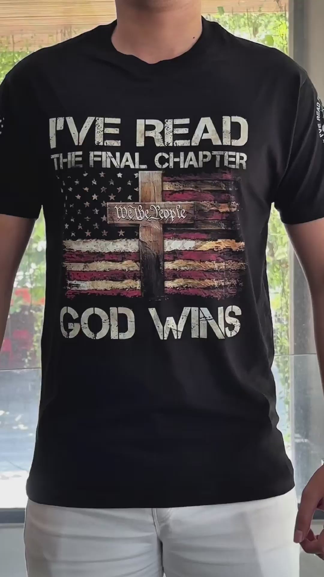 Load video: God Wins Christian American Flag Cross T-shirt